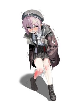 1girl absurdres ahoge beret black_necktie black_skirt boots brown_jacket bruise bruise_on_leg cheyanne_(girls'_frontline_2) collared_shirt commentary crying english_commentary girls'_frontline girls'_frontline_2:_exilium grey_hat grimace hat highres injury jacket long_hair long_sleeves looking_at_viewer low_ponytail m200_(girls'_frontline) necktie one_eye_closed open_clothes open_jacket pain pink_eyes pleated_skirt ponytail purple_hair ruppu ryona shirt shirt_tucked_in simple_background skirt solo squatting trembling v-shaped_eyebrows white_shirt