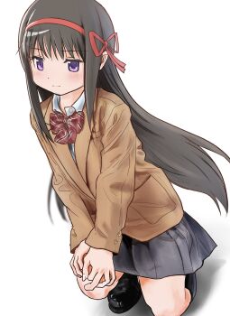 1girl absurdres akemi_homura black_hair black_shoes black_skirt bow brown_jacket commentary_request hairband highres jacket long_hair mahou_shoujo_madoka_magica purple_hair red_bow school_uniform shirt shoes simple_background skirt solo takeraka white_background white_shirt