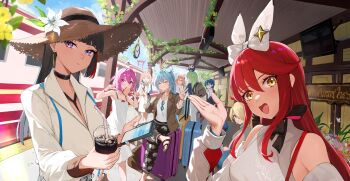 6+girls absurdres ahoge ailushin arm_up backpack bag bare_shoulders black_choker black_hair blonde_hair blue_eyes blue_hair bow bread bread_slice brown_bag choker clock closed_eyes collared_shirt detached_sleeves double_v earrings elephant_print eyewear_hang flower food food_in_mouth gloves green_hair hair_bow hair_over_one_eye hat hat_flower highres jewelry long_hair looking_at_viewer multicolored_hair multiple_girls open_mouth orange_hair original parted_lips pendant red_hair shirt straw_hat streaked_hair suitcase sun_hat sunglasses train train_station unworn_eyewear v white_bow white_gloves white_shirt yellow_eyes