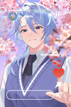Rule 34 | 1boy, alternate costume, asymmetrical hair, black necktie, blue hair, blue sweater vest, blurry, branch, cherry blossoms, chromatic aberration, closed mouth, collared shirt, commentary, depth of field, flower, genshin impact, hair between eyes, hair over shoulder, hand up, heart, kamisato ayato, looking at viewer, male focus, medium hair, mnrabbit1109, mole, mole under mouth, necktie, parted bangs, pause button, pink flower, pointing, progress bar, purple eyes, shirt, smile, social network, solo, sweater vest, twitter username, untranslatable commentary, upper body, user interface, volume symbol, white shirt