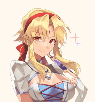 1girl alternate_hair_color alternate_skin_color blonde_hair breasts bridal_gauntlets card cleavage_cutout clothing_cutout commentary_request cosplay earrings eiyuu_densetsu hair_intakes hairband holding holding_card hoop_earrings jewelry large_breasts necklace olivert_reise_arnor olivert_reise_arnor_(cosplay) red_eyes red_hairband riarashu scherazard_harvey sen_no_kiseki sen_no_kiseki_(series) sen_no_kiseki_iv simple_background solo sparkle upper_body white_background