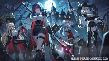 4girls ascot axe bare_tree bat_(animal) belt black_ascot black_belt black_boots black_cape black_choker black_corset black_garter_straps black_gloves black_hat black_jacket black_pants black_shorts black_skirt blue_hair boots breasts brown_boots buttons cape castle center_frills choker cloud copyright_notice corset cropped_jacket cross dizzy_dokuro double_bun fingerless_gloves frills garter_straps gloves graveyard hair_bun hair_ornament hairband hat highres holding holding_axe holding_weapon jacket jelly_hoshiumi kaneko_lumi long_hair midriff multiple_girls navel night night_sky official_art open_mouth pants phase_connect pointy_ears rahy red_cape red_eyes red_skirt rinkou_ashelia shirt short_shorts shorts skirt sky star_(symbol) star_hair_ornament thigh_belt thigh_boots thigh_strap tombstone tree two-sided_cape two-sided_fabric virtual_youtuber wanted_poster weapon white_hair white_shirt yellow_hairband