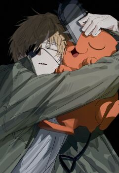 1boy absurdres black_background blonde_hair chainsaw chainsaw_man closed_eyes creature denji_(chainsaw_man) eyepatch grey_jacket hair_between_eyes highres hug jacket layeon46412531 male_focus parted_lips pochita_(chainsaw_man) sharp_teeth shirt short_hair teeth upper_body white_shirt