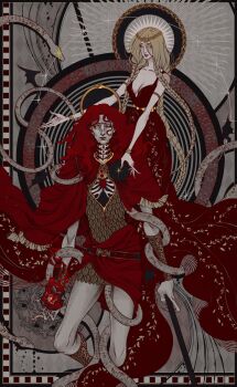 armlet armor belt blonde_hair braid breasts circlet cleavage collarbone colored_skin elden_ring elden_ring:_shadow_of_the_erdtree fingernails gold_armlet gold_belt gold_circlet grey_skin hair_between_eyes halo highres holding holding_flame holding_polearm holding_weapon king_of_red_dragon long_fingernails long_hair low_twin_braids making-of_available messmer_the_impaler mother_and_son ornate ornate_armor ornate_weapon plunging_neckline polearm queen_marika_the_eternal red_hair red_shawl rope_braid scale_armor shawl snake sparkle twin_braids wavy_hair weapon yellow_eyes