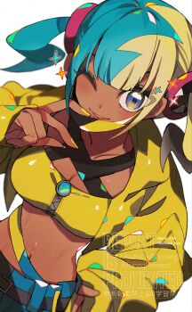1girl blonde_hair blue_eyes blue_hair blunt_bangs blush breasts canari_(pokemon) cleavage collarbone commentary crop_top cropped_shirt dark-skinned_female dark_skin highres jacket kawasaki_(kwsk_8765) large_breasts long_sleeves looking_at_viewer midriff multicolored_hair navel nintendo one_eye_closed open_clothes open_jacket parted_lips pokemon pokemon_legends:_z-a shirt sidelocks simple_background smile solo sparkle split-color_hair twintails two-tone_hair upper_body white_background yellow_jacket yellow_shirt
