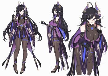 1girl ahoge bare_shoulders black_hair black_pantyhose black_shoes breasts cleavage colored_inner_hair detached_sleeves dress full_body high_heels highres horns large_breasts long_hair looking_at_viewer multicolored_hair multiple_views original pantyhose parted_lips pointy_ears purple_dress purple_eyes purple_hair purple_sleeves rohioart shoes short_dress simple_background sketch sleeveless sleeveless_dress smile white_background wide_sleeves