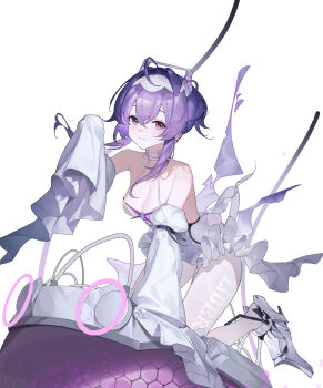 1girl absurdres armored_footwear armored_shoes goddess_of_victory:_nikke goguhaku hair_intakes highres jellyfish_girl leotard liberalio_(nikke) pantyhose simple_background sleeves_past_fingers sleeves_past_wrists solo tube white_background white_leotard white_pantyhose