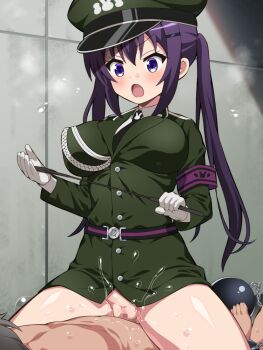 Rule 34 | animal print, armband, assertive female, ball and chain restraint, bdsm, belt, black hair, black necktie, bondage, bottomless, bound, bound feet, breasts, clothed female nude male, commentary request, cowgirl position, dominatrix, feet, formal clothes, gloves, gochuumon wa usagi desu ka?, green hat, green suit, groin, hat, hemonemo, hetero, holding, holding riding crop, indoors, large breasts, long hair, long sleeves, military hat, military uniform, necktie, no panties, nude, open mouth, penis, purple armband, purple belt, purple eyes, purple hair, pussy, pussy juice, rabbit print, riding crop, sex, shirt, straddling, suit, sweat, sweatdrop, tedeza rize, twintails, vaginal, white gloves, white shirt