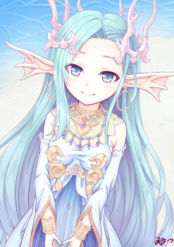 1girl armlet artist_name beach blue_hair blue_shirt blue_skirt blue_sleeves breasts coral_hair_ornament detached_sleeves earrings fins forehead gold_armlet gold_collar hair_ornament head_fins highres iris_mysteria! jewelry k_(nura-rikuo) lenantrude_sariusz_schaum long_hair medium_breasts ocean shirt sign skirt smile solo wide_sleeves