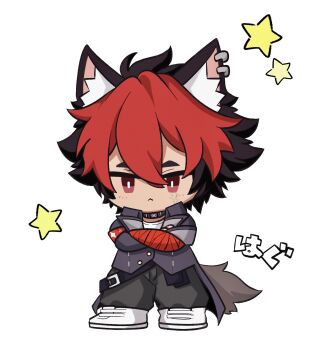 1boy :< animal_ear_fluff animal_ear_piercing animal_ears bandaged_arm bandages belt belt_buckle black_belt black_collar black_hair black_jacket black_pants buckle closed_mouth collar commentary_request crew_neck crossed_arms double-parted_bangs full_body hag_imglog hair_between_eyes highres jacket jitome komano_manato male_focus multicolored_hair pants red_eyes red_hair shirt shoes short_hair simple_background sleeve_cuffs solo standing star_(symbol) tail translation_request two-tone_hair white_background white_shirt white_shoes wolf_boy wolf_ears wolf_tail zenless_zone_zero