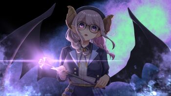1girl absurdres beret black_hat black_jacket braid breasts brown_horns cropped_jacket demon_wings fingernails glasses glowing_object hat highres holding holding_wand horns jacket large_breasts long_sleeves medium_hair mole mole_under_mouth nanashi_inc. open_mouth pleated_skirt pointy_ears purple_eyes purple_hair saionji_mary shaded_face skirt solo standing suspender_skirt suspenders twin_braids uc_curage upper_body wand wings