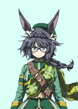 1girl animal_ears belt beret black-framed_eyewear black_hair blue_eyes braid breasts brown_belt closed_mouth crown_braid glasses green_hat green_jacket green_skirt hat highres horse_ears horse_girl jacket large_breasts long_hair long_sleeves looking_at_viewer simple_background skirt solo umamusume zenno_rob_roy_(heroic_author)_(umamusume) zenno_rob_roy_(umamusume) zukki_(bijitaru)