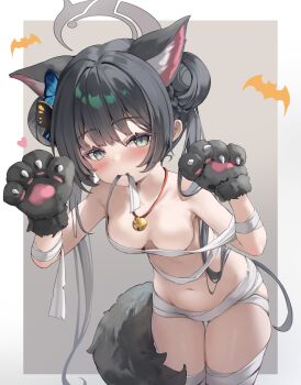1girl absurdres animal_ear_fluff animal_ears animal_hands bandage_in_mouth bandage_on_chest bandaged_arm bandaged_chest bandaged_leg bandages bare_shoulders bell black_hair blue_archive blush breasts butterfly_hair_ornament cat_ears cat_paws cat_tail claw_pose collarbone double_bun fake_animal_ears fake_tail gloves green_eyes grey_halo groin hair_bun hair_ornament halloween halo highres kisaki_(blue_archive) long_hair looking_at_viewer medium_breasts minttea naked_bandage navel neck_bell paw_gloves smile solo tail thighs twintails