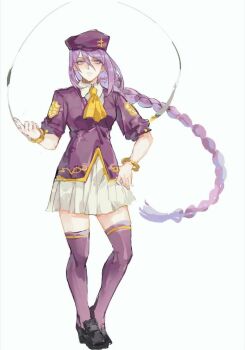 1girl ascot black_shoes bracelet braid braided_ponytail chinese_commentary collared_shirt commentary_request full_body hand_on_own_hip highres jewelry long_hair melty_blood pleated_skirt purple_eyes purple_hair purple_shirt purple_thighhighs rong301718 shirt shoes short_sleeves simple_background single_braid sion_eltnam_(type-moon) sion_eltnam_atlasia skirt solo thighhighs tsukihime very_long_hair white_shirt white_skirt yellow_ascot