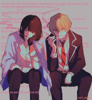 1boy 1girl black_gloves black_hair black_jacket black_pants blazer blonde_hair bob_cut cigarette closed_eyes closed_mouth collared_shirt covering_with_blanket english_text gloves head_rest invisible_chair jacket lets_lam3nt limbus_company long_sleeves necktie pants project_moon red_necktie ryoshu_(project_moon) shirt short_hair sinclair_(project_moon) sitting smoking tearing_up text_background white_shirt yellow_eyes