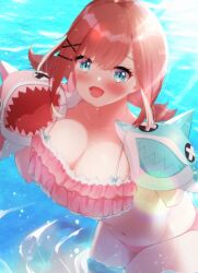 Rule 34 | 1girl, alternate hairstyle, aqua bow, aqua eyes, bikini, blush, bow, bow bikini, breasts, brown hair, cleavage, day, frilled bikini, frills, hair ornament, hairclip, hand puppet, hato haru, highres, large breasts, leaning forward, looking at viewer, lower teeth only, medium hair, navel, nijisanji, open mouth, outdoors, pink bikini, puppet, shark puppet, short twintails, smile, solo, stomach, stuffed toy, suzuhara lulu, swimsuit, teeth, thighs, tongue, twintails, unaligned breasts, wading, water, x hair ornament