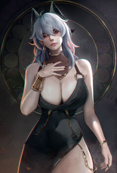 Rule 34 | 1girl, absurdres, alternate costume, bare arms, bare shoulders, black collar, black dress, black horns, black nails, bracelet, breasts, chromatic aberration, closed mouth, collar, commentary, covered navel, cowboy shot, curled horns, dress, earrings, fingernails, grey hair, hand up, highres, hoop earrings, horns, jewelry, large breasts, looking at viewer, medium hair, multicolored hair, nail polish, nervi fd, red eyes, side slit, single earring, solo, streaked hair, wuthering waves, zani (wuthering waves)
