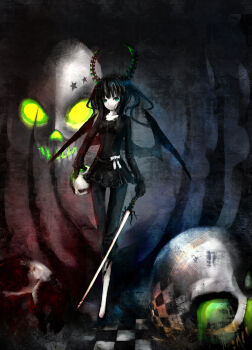 1girl absurdres black_dress black_leggings black_rock_shooter checkered_floor dead_master dress green_eyes green_horns highres horns keiichi leggings pale_skin short_dress skeletal_hand skeletal_wings skull sword weapon wings