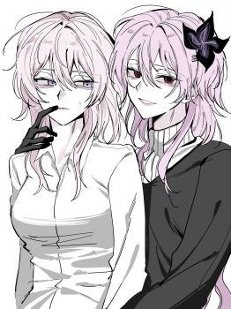 2girls alternate_costume black_dress black_flower black_gloves blue_eyes breasts closed_mouth collared_shirt commentary_request dress dual_persona empty_eyes evernight_(honkai:_star_rail) flower gloves haegu7o hair_between_eyes hair_flower hair_ornament hairclip hand_up highres honkai:_star_rail honkai_(series) korean_commentary lips long_hair long_sleeves looking_at_another looking_at_viewer low_twintails march_7th_(honkai:_star_rail) medium_breasts multicolored_eyes multiple_girls official_alternate_hairstyle pink_eyes pink_hair red_eyes shirt short_hair sidelocks simple_background smile sweatdrop sweater teeth turtleneck turtleneck_sweater twintails upper_body white_background white_shirt white_sweater