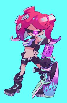 1girl bare_shoulders belt big_hair bike_shorts black_belt black_boots black_gloves black_shorts blue_background boots breasts fingerless_gloves full_body gloves grin highres koike3582 legs_apart medium_breasts medium_hair midriff navel nintendo octoling range_blaster_(splatoon) red_hair shorts simple_background smile solo splatoon_(series) standing suction_cups sunglasses takozonesu teeth tentacle_hair