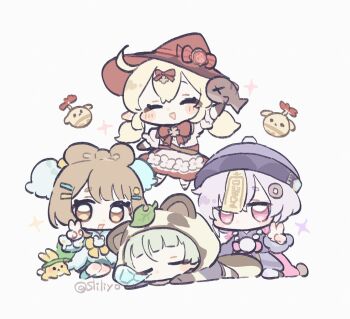 4girls animal_ears blonde_hair blue_dress blunt_bangs blush blush_stickers bow bowtie brown_hair closed_eyes double_bun dress facing_viewer genshin_impact grey_hair hair_between_eyes hair_bun happy hat hoshizuki_chimama klee_(blossoming_starlight)_(genshin_impact) klee_(genshin_impact) leaf leaf_on_head long_hair looking_at_viewer low_twintails lying medium_hair midair multiple_girls nose_bubble ofuda ofuda_on_head on_stomach open_mouth orange_eyes pink_eyes purple_dress purple_hair purple_hat qiqi_(genshin_impact) rabbit raccoon_ears raccoon_hood raccoon_tail red_bow red_bowtie red_dress sayu_(genshin_impact) short_hair simple_background sitting sleeping smile sparkle tail twintails twitter_username v white_background yaoyao_(genshin_impact)