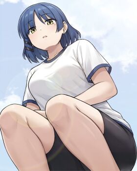 Rule 34 | black shorts, blue hair, blue sky, bocchi the rock!, breasts, cloud, collarbone, commentary request, day, ear piercing, feet out of frame, from behind, highres, lens flare, looking at viewer, medium breasts, mole, mole under eye, open mouth, piercing, ryuhirohumi, shirt, short hair, short sleeves, shorts, sky, squatting, tented shirt, white shirt, yamada ryo, yellow eyes