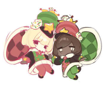 2others black_eyes black_gloves blonde_hair blush_stickers bob_cut brown_hair cape checkered_clothes commentary cookie_run cookie_run:_kingdom dark_skin gloves green_cape green_hat green_leggings grey_gloves hat leggings long_sleeves multiple_others official_alternate_costume pale_skin pawn_black_cookie pawn_black_cookie_(winter_guard) pawn_white_cookie pawn_white_cookie_(winter_guard) pic_p_p red_cape red_hat red_leggings shako_cap short_hair siblings star_(symbol) symbol-only_commentary twins white_background white_eyes