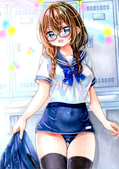 1girl absurdres blue_bow blue_bowtie blue_eyes blue_one-piece_swimsuit blue_sailor_collar bow bowtie braid breasts brown_hair commentary_request covered_navel cowboy_shot crop_top cropped_shirt double-parted_bangs glasses grey-framed_eyewear hair_between_eyes hair_over_shoulder highres hoshinaruri0 indoors locker locker_room long_bangs long_hair low-braided_long_hair low-tied_long_hair marker_(medium) one-piece_swimsuit open_mouth original round_eyewear sailor sailor_collar school_uniform serasuku shirt short_sleeves smile solo standing swimsuit swimsuit_under_clothes traditional_media twin_braids watermark white_shirt