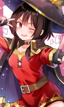 1girl ;d blush breasts commentary_request cowboy_shot double_v dress fukukaminai hat heart highres kono_subarashii_sekai_ni_shukufuku_wo! looking_at_viewer magical_girl making-of_available megumin one_eye_closed open_mouth red_dress short_dress small_breasts smile solo v v-shaped_eyebrows v_over_eye