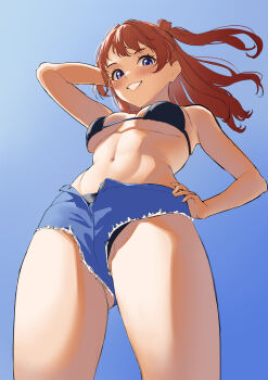 1girl absurdres bikini black_bikini blue_background blue_eyes blue_shorts blue_sky blush breasts brown_hair commentary_request cropped_legs denim denim_shorts from_below gakuen_idolmaster hanami_saki hand_in_own_hair hand_on_own_hip highres idolmaster long_hair looking_at_viewer medium_breasts navel parted_lips shinonome_shake shorts simple_background sky smile solo standing swimsuit unfinished