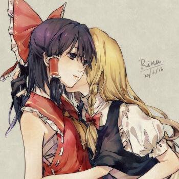 2girls aihara-rina ascot black_gloves black_vest blonde_hair bow braid brown_eyes brown_hair chinese_commentary closed_mouth commentary_request dated frilled_bow frilled_hair_tubes frills gloves hair_bow hair_tubes hakurei_reimu hand_under_clothes kirisame_marisa long_hair multiple_girls no_headwear partially_fingerless_gloves puffy_short_sleeves puffy_sleeves red_bow short_sleeves side_braid signature single_braid touhou vest yellow_ascot yuri