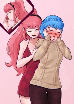 absurdres blue_hair commentary english_commentary fire_emblem fire_emblem:_three_houses highres hilda_valentine_goneril kiss lipstick lipstick_mark makeup marianne_von_edmund nail_polish nintendo obsidianwasp pink_eyes pink_hair smile yuri