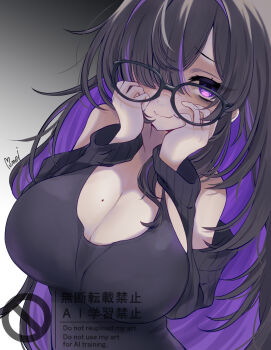 1girl bags_under_eyes black-framed_eyewear black_hair breasts cleavage closed_mouth colored_inner_hair commentary_request glasses goddess_of_victory:_nikke hair_over_one_eye hand_on_own_face highres label_(nikke) large_breasts long_hair looking_at_viewer mole mole_on_breast multicolored_hair mumei_(yr_0920) purple_eyes purple_hair purple_streaks solo streaked_hair very_long_hair