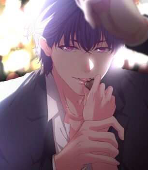 Rule 34 | 1boy, arthur morante, blurry, blurry background, candy, chocolate, chocolate heart, enjelicious, food, heart, heart-shaped food, hello baby (enjelicious), highres, holding another's wrist, lips, looking at viewer, male focus, pink eyes, pov, pov hands, purple hair, solo focus, tongue, tongue out