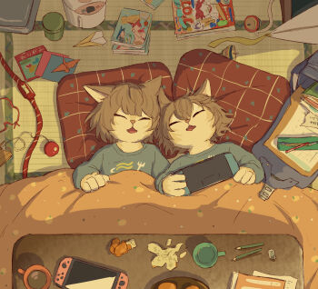 2others absurdres animal_ears avogado6 backpack bag blue_shirt brown_hair cat_ears child cup fangs fewer_digits food fruit furry handheld_game_console highres kendama kotatsu lying mandarin_orange manga_(object) messy_hair mug multiple_others nintendo_switch on_back open_mouth orange_peel origami original paper_airplane paper_crane pencil print_shirt randoseru rice_cooker shirt siblings sleeping spinning_top table tatami twins under_kotatsu under_table unworn_backpack unworn_bag