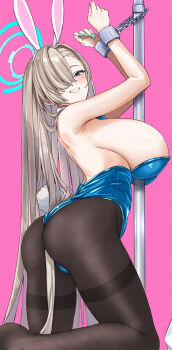 1girl animal_ears ass asuna_(blue_archive) asuna_(bunny)_(blue_archive) between_breasts between_buttocks black_pantyhose blonde_hair blue_archive blue_eyes blue_leotard blue_nails blush breasts chain cuffs detached_collar fake_animal_ears fake_tail fingernails grin hair_over_one_eye highres huge_breasts leotard light_brown_hair long_hair looking_at_viewer nail_polish official_alternate_costume pantyhose pink_background playboy_bunny pole rabbit_ears rabbit_tail rapapa simple_background smile solo strapless strapless_leotard stripper_pole tail