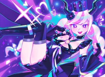 1girl :d bare_shoulders black_dress black_flower black_gloves black_horns black_nails black_thighhighs blue_outline boots braid breasts bright_pupils chest_tattoo cleavage criss-cross_halter crown detached_sleeves dress fingerless_gloves flower gloves halterneck hands_up heart highres horns iro_(mywife_sunny) knee_boots knees_up large_breasts long_hair long_sleeves looking_at_viewer master_detective_archives:_rain_code nail_polish open_mouth outline pink_eyes pink_hair purple_background ribbon shinigami_(rain_code) smile solo sparkle tattoo thighhighs twin_braids white_pupils white_ribbon