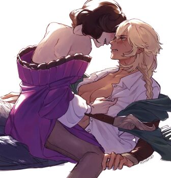2girls argus_(reverse:1999) artist_name bare_shoulders belt blonde_hair blush braid breasts breasts_apart brown_hair brown_sleeves clenched_teeth collarbone detached_sleeves dress face-to-face girl_on_top green_eyes highres invisible_floor long_hair mikidamias missing_headwear mole mole_on_arm multiple_girls naked_shirt off_shoulder open_mouth pantyhose purple_dress purple_eyes reverse:1999 shirt shoulder_blades simple_background straddling teeth thigh_straddling tuesday_(miss_horror)_(reverse:1999) tuesday_(reverse:1999) unbuttoned unbuttoned_shirt white_background yuri