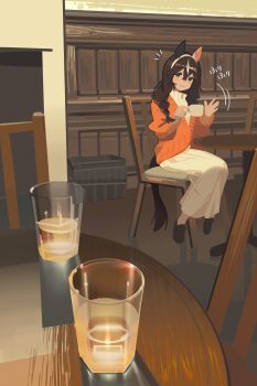 1girl absurdres animal_ears ashinowoto black_shoes blush braid brown_eyes brown_hair cardigan closed_mouth cup curren_bouquetd&#039;or_(umamusume) dress hair_between_eyes hair_over_shoulder hairband highres holding holding_cup horse_ears horse_girl horse_tail indoors long_hair looking_at_viewer orange_cardigan shoes sidelocks single_braid sitting smile solo tail turtleneck turtleneck_dress umamusume waving white_dress white_hairband