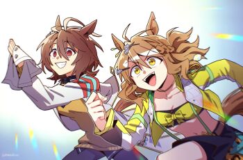 2girls :d agnes_tachyon_(tach-nology)_(umamusume) agnes_tachyon_(umamusume) ahoge animal_ears bandeau belt black_bandeau black_pantyhose black_skirt braid breasts brown_belt brown_hair cleavage clenched_hand commentary_request earrings fangs grin hair_between_eyes hair_ornament half_up_braid highres horse_ears horse_girl horse_tail huge_ahoge jacket jewelry jungle_pocket_(champion&#039;s_battle_cry)_(umamusume) jungle_pocket_(umamusume) korean_commentary lab_coat long_sleeves looking_at_viewer mazu1kan medium_breasts medium_hair multiple_girls navel notched_ear open_mouth pantyhose red_eyes running skirt small_breasts smile suspenders tail teeth two-tone_bandeau umamusume upper_teeth_only v-shaped_eyebrows yellow_bandeau yellow_eyes yellow_jacket