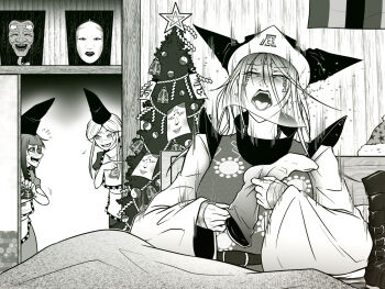 Rule 34 | 3girls, blush, christmas, christmas tree, closed eyes, commentary request, dress, greyscale, hat, indoors, long hair, long sleeves, looking at another, manatsu no yo no inmu, mask, matara okina, monochrome, multiple girls, nishida satono, open mouth, ryuuichi (f dragon), shirt, smile, star (symbol), tabard, takuya (acceed), tate eboshi, teireida mai, touhou, upper body, veil, yin yang