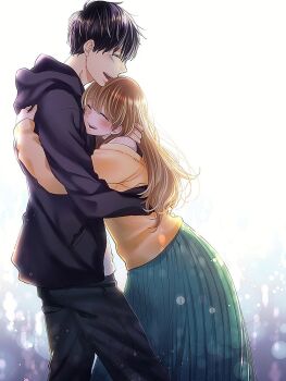 1boy 1girl backlighting black_hair black_hoodie black_pants blonde_hair brown_hair commentary_request hachiya_nanao height_difference hood hoodie hug long_skirt off_shoulder open_mouth otouto_wa_midarana_yajuu pants pleated_skirt skirt smile