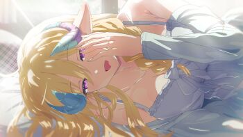 1girl absurdres blue_horns breasts cleavage commission dress fatsheep0621 highres horns indie_virtual_youtuber long_hair long_sleeves lying misaki_nonaka multicolored_horns on_side open_mouth purple_eyes purple_horns skeb_commission smile virtual_youtuber white_dress