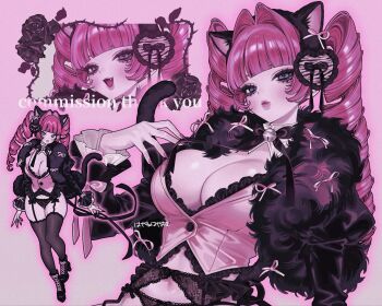 Rule 34 | 1girl, animal ear hairband, animal ears, artist name, bell, black boots, black bow, black flower, black ribbon, black rose, black thighhighs, blunt bangs, boots, bow, bowtie, breasts, buttons, cleavage, commentary, commission, detached collar, fake animal ears, fang, fingernails, flower, fur-trimmed jacket, fur trim, garter straps, grey eyes, hair intakes, hair ornament, hairband, hayane hayaoki, heart, heart hair ornament, highres, jacket, lace, lace garter belt, lace panties, large breasts, lingerie, lips, long fingernails, long hair, long sleeves, looking at viewer, multiple views, neck bell, neck ribbon, open mouth, original, panties, pink background, pink bow, pink nails, pink vest, ribbon, ringlets, rose, simple background, skindentation, tail, thank you, thighhighs, twintails, underwear, upper body, very long fingernails, vest