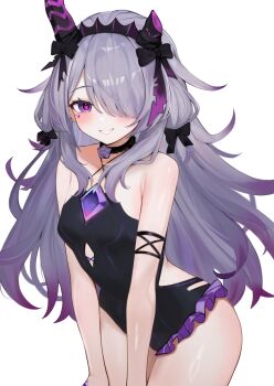 1girl absurdres armpit_crease asymmetrical_horns black_one-piece_swimsuit blush breasts chest_jewel choker criss-cross_halter dorahd01 dress fake_horns frilled_one-piece_swimsuit frills gem grey_hair grin hair_flaps hair_over_one_eye hairband halterneck hand_jewel highres hololive hololive_english horn_hairband horns jewel_under_eye koseki_bijou koseki_bijou_(gore_magala) long_hair looking_at_viewer multicolored_hair one-piece_swimsuit one_eye_covered purple_eyes purple_gem purple_hair sidelocks simple_background small_breasts smile solo swept_bangs swimsuit teeth uneven_horns virtual_youtuber white_background