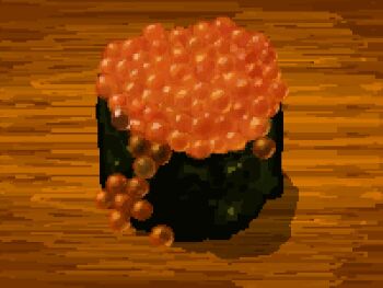 commentary fish_(food) food food_focus gunkanmaki highres hisachan55cute ikura_(food) nigirizushi no_humans nori_(seaweed) original pixel_art roe sushi symbol-only_commentary table wooden_table