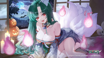 1girl animal_ears bare_shoulders bat_(animal) blue_moon blush breasts candle cleavage commentary_request detached_collar detached_sleeves fang fox_ears fox_girl fox_tail green_hair heart heart_in_eye highres hitodama indie_virtual_youtuber jack-o&#039;-lantern kokko_(kokko3045) korean_commentary large_breasts leaning_forward long_hair looking_at_viewer mochahyeong moon off_shoulder red_eyes skin_fang symbol_in_eye tail thighs