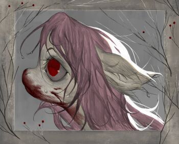 blood blood_on_face border brown_border closed_mouth flutterbat fluttershy grey_background highres long_hair looking_to_the_side muted_color my_little_pony no_humans petite_ven pink_hair pony_(animal) red_eyes slit_pupils wet