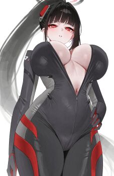 1girl absurdres black_bodysuit black_hair blue_archive bodysuit breasts bright_pupils halo hand_on_own_hip highres kono_(xerondan321) large_breasts long_hair looking_at_viewer navel official_alternate_costume parted_lips partially_unzipped ponytail red_eyes rio_(blue_archive) rio_(bodysuit)_(blue_archive) simple_background solo white_background white_pupils