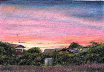 baden_hiroshi building colored_pencil_(medium) commentary_request evening gradient_sky highres making-of_available no_humans original outdoors power_lines scenery sky sky_focus traditional_media